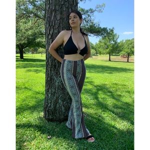 Black & Green Boho Print Bell Bottom Flare Pants